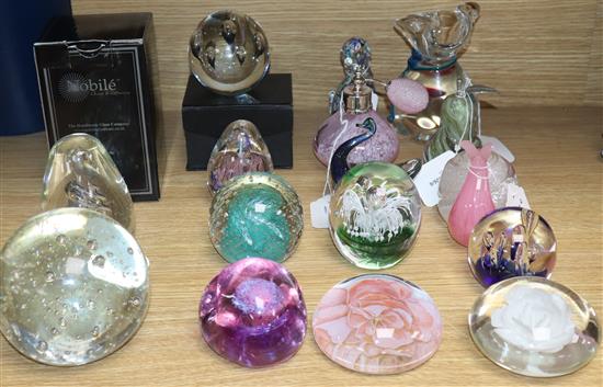 A Murano Aquarium Bag paperweight and a collection of other glass paperweights,